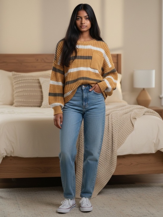 POL Sweaters - POL Mustard, White & Brown Striped Crewneck Sweater